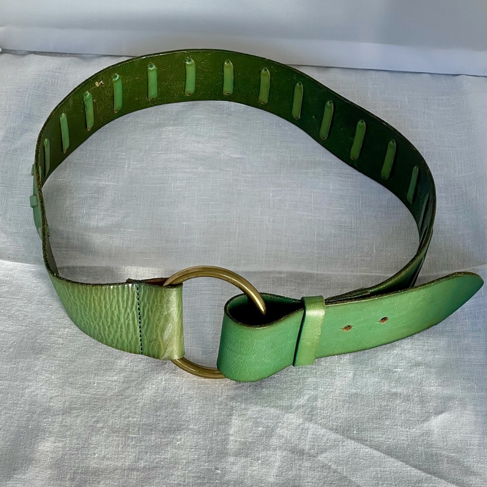 Green Leather Belt with Gold Buckle